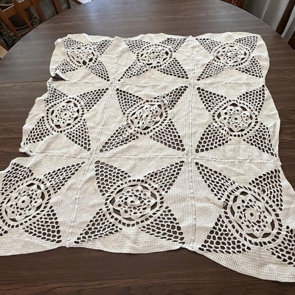 Vintage Handmade Crochet Table Topper 37x34 Floral Medallion Read Description